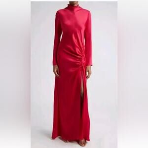 LAPOINTE Long-Sleeve Ruched Slit-Hem Double-Face Satin Bias Gown